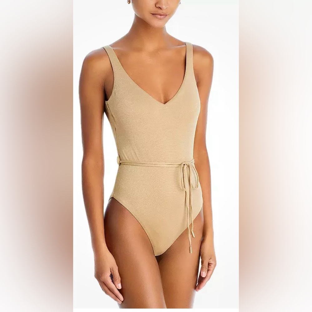Aqua Swim, Gold Metallic Plunge One piece, NWT, Size Medium